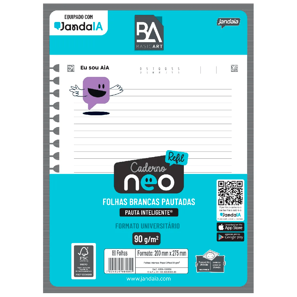 Refil Caderno Universitario Neo 80 Fls Brancas Pautadas Basic Arts - Jandaia Refil Caderno Universitario Neo 80 Fls Brancas Pautadas Basic Arts - Jandaia